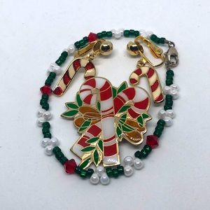 Christmas Bracelet with Candy Cane Brooch / Pin and Clip Earrings